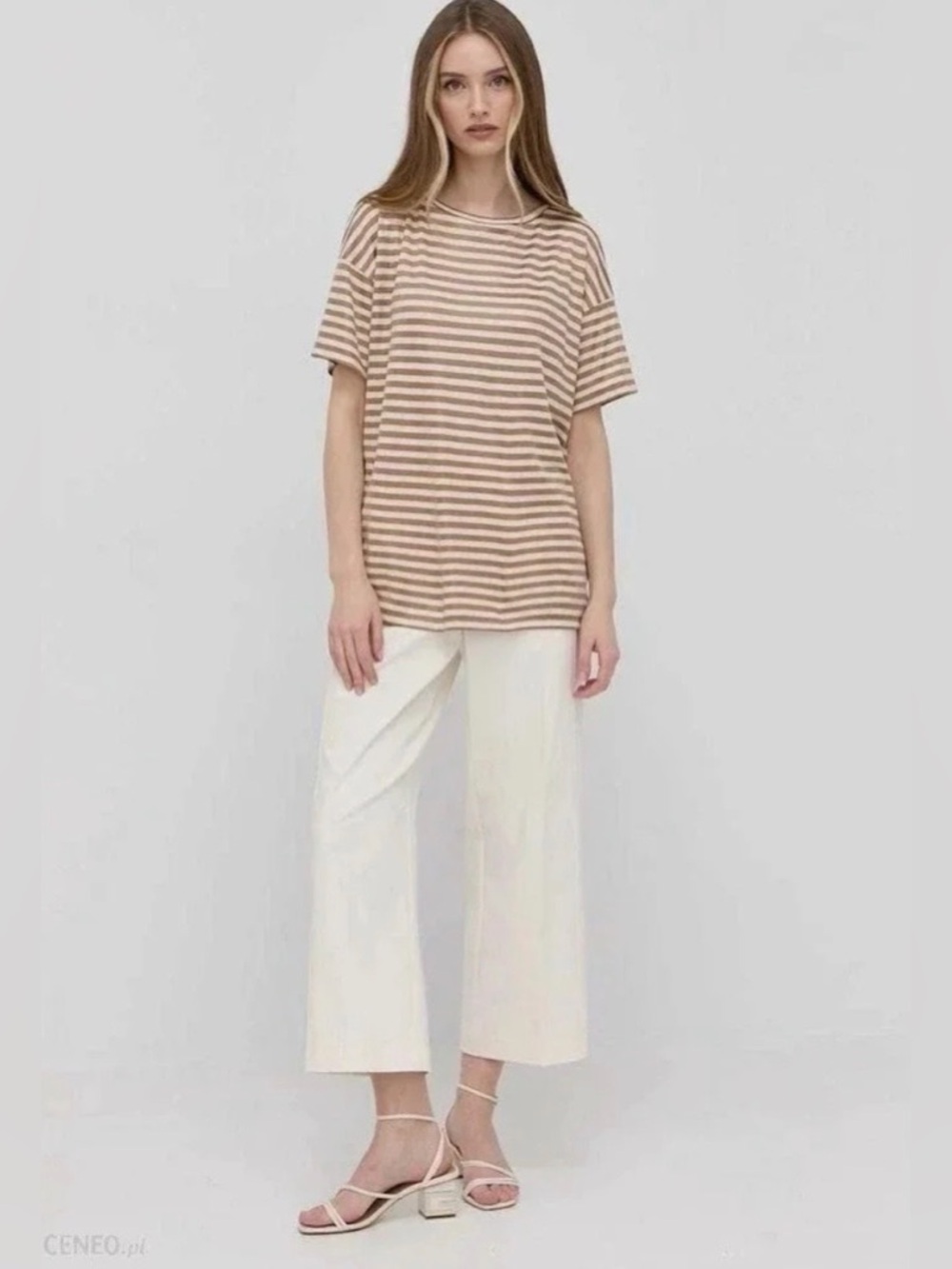 Max Mara Zebio Striped Short Sleeve Jersey Tee in Beige and White, Size XL, NWOT
